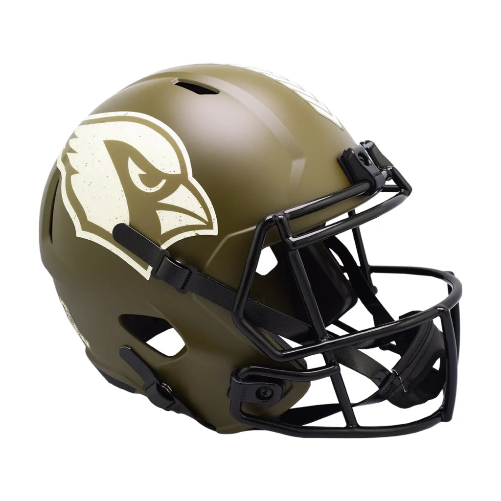 Arizona Cardinals Salute to Service olive green helmet with black face mask and white bird logo