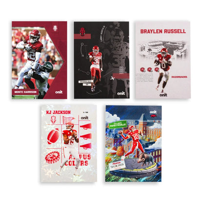 Arkansas football trading cards single pack with red black players and onit logo
