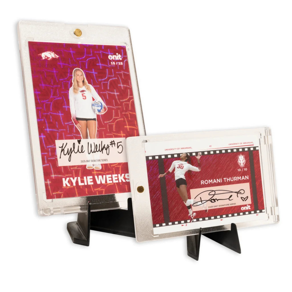 Red and white Arkansas Volleyball trading cards single pack holder with clear cover and black stand