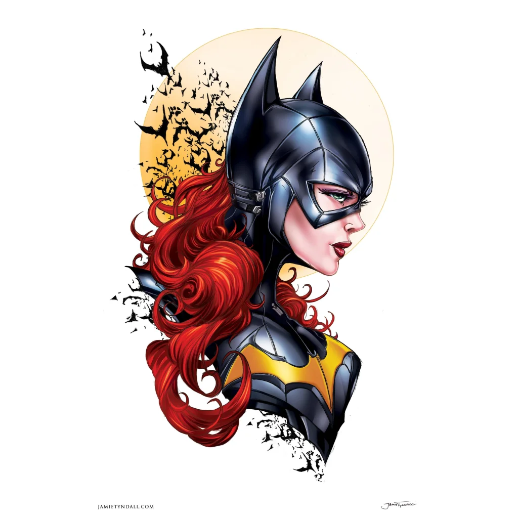 Black and yellow armored Batgirl with flowing red hair on brushed aluminum print
