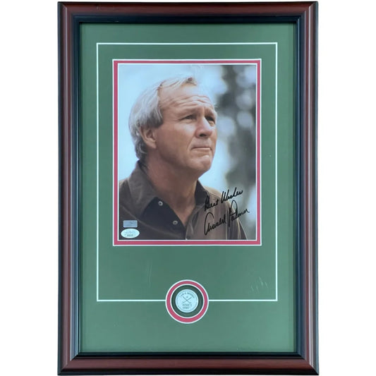 Signed Arnold Palmer 8x10 photo deluxe framed with Arnie’s Army pin