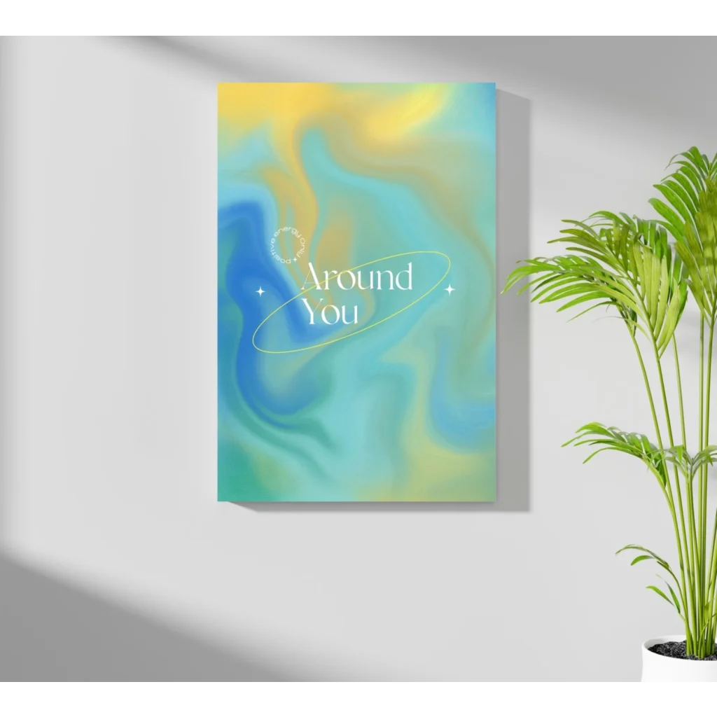 Insigne aluminum print of swirling teal-blue-yellow gradient with Around You text