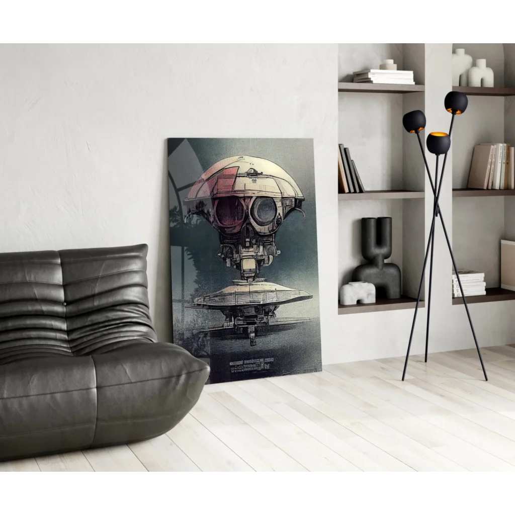 Futuristic robot head glass wall art poster with dome and metallic details