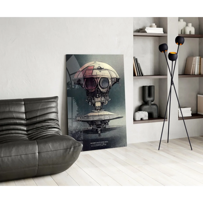 Futuristic robot head glass wall art poster with dome and metallic details