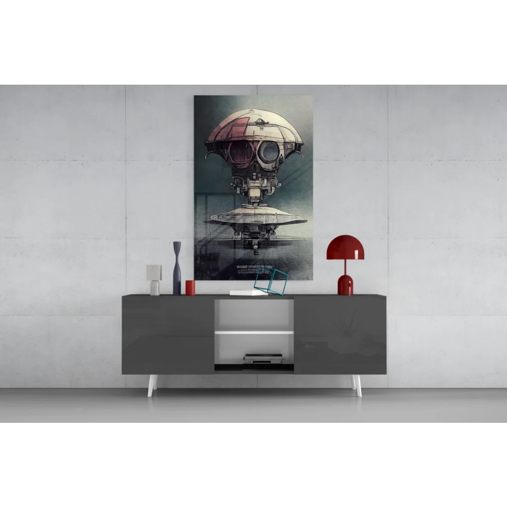 Futuristic robot head glass wall art with sleek gray console table display