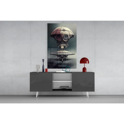 Futuristic robot head glass wall art with sleek gray console table display