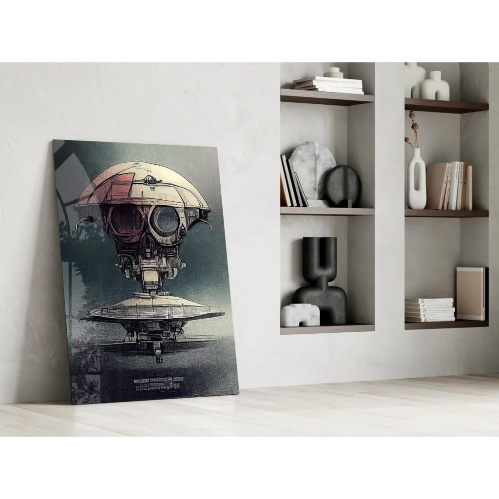Sleek futuristic robot head glass wall art with gold and red accents