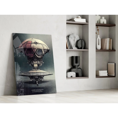 Sleek futuristic robot head glass wall art with gold and red accents