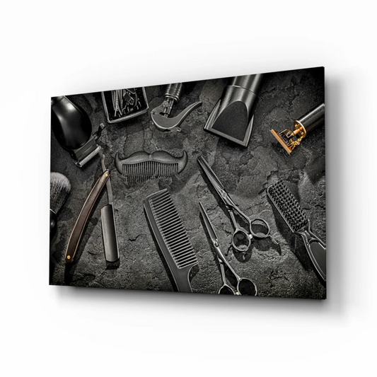 Black matte barber tools wall art canvas print on textured surface