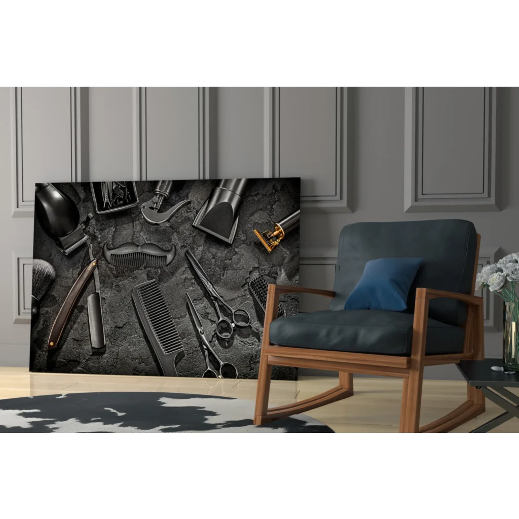 Black and gray barber tools canvas wall art print on textured surface