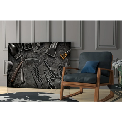 Black and gray barber tools canvas wall art print on textured surface