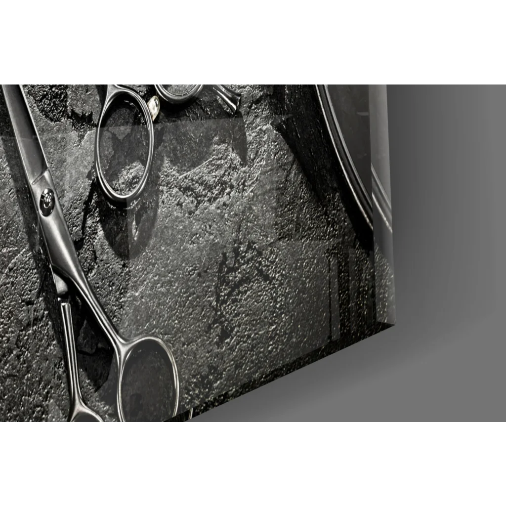 Sleek metallic scissors on stone black canvas wall art print