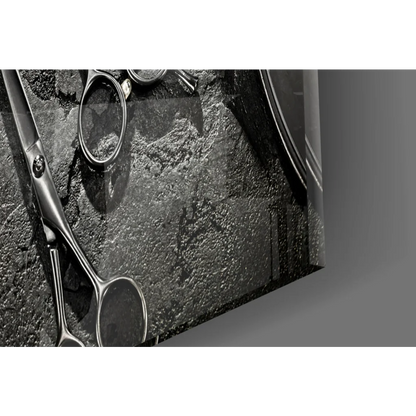 Sleek metallic scissors on stone black canvas wall art print