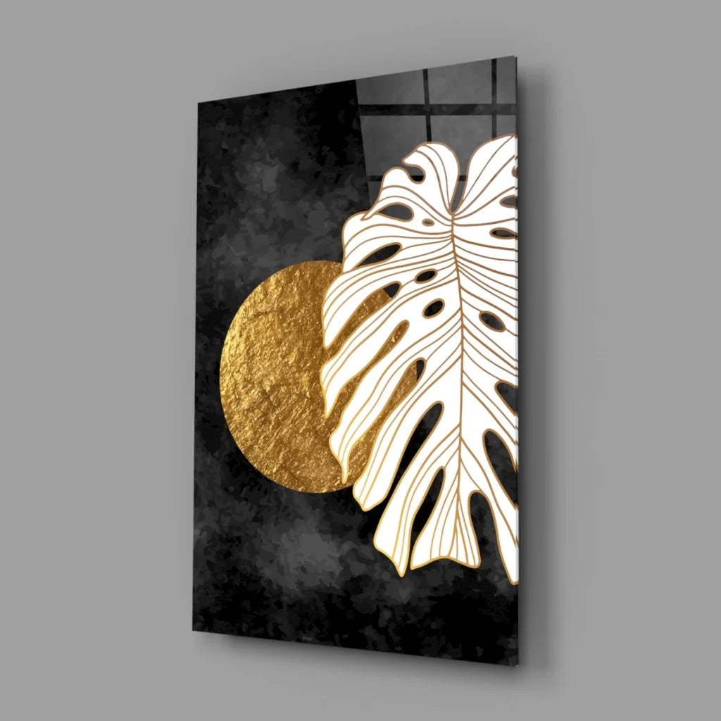 Golden Monstera Leaf Canvas Wall Art with Textured Circle | Glass Wall Art Print | vintageantiquesgifts.com