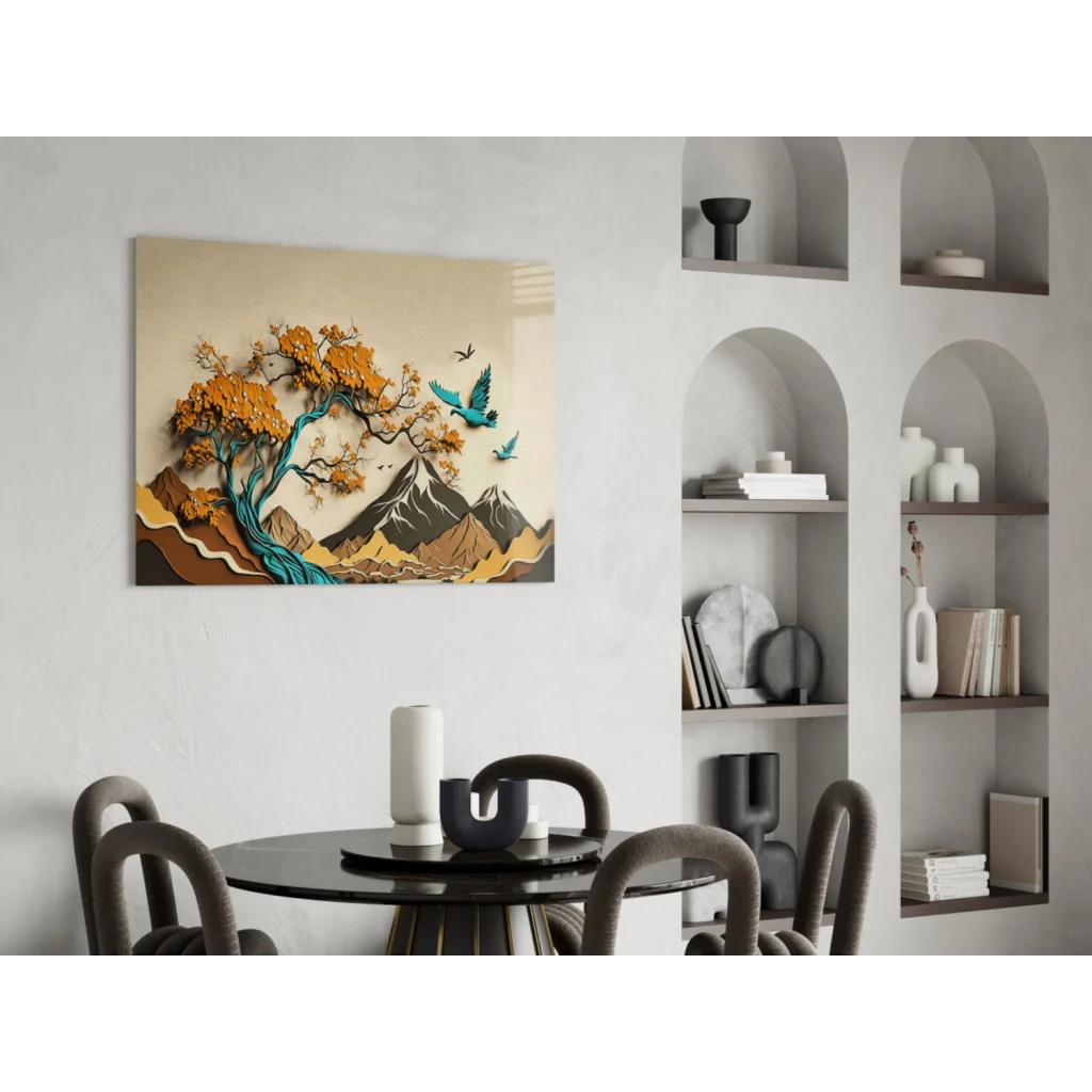 Stylized layered glass wall art tree with orange leaves, turquoise branches, mountains, birds