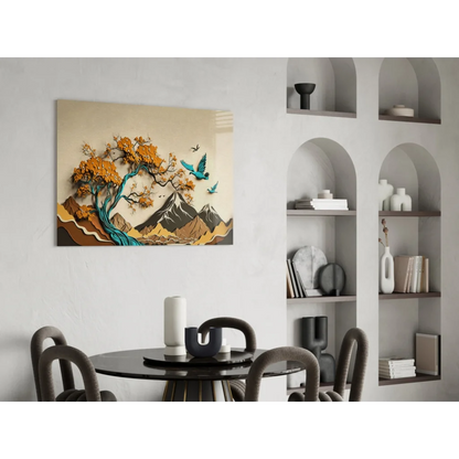 Stylized layered glass wall art tree with orange leaves, turquoise branches, mountains, birds