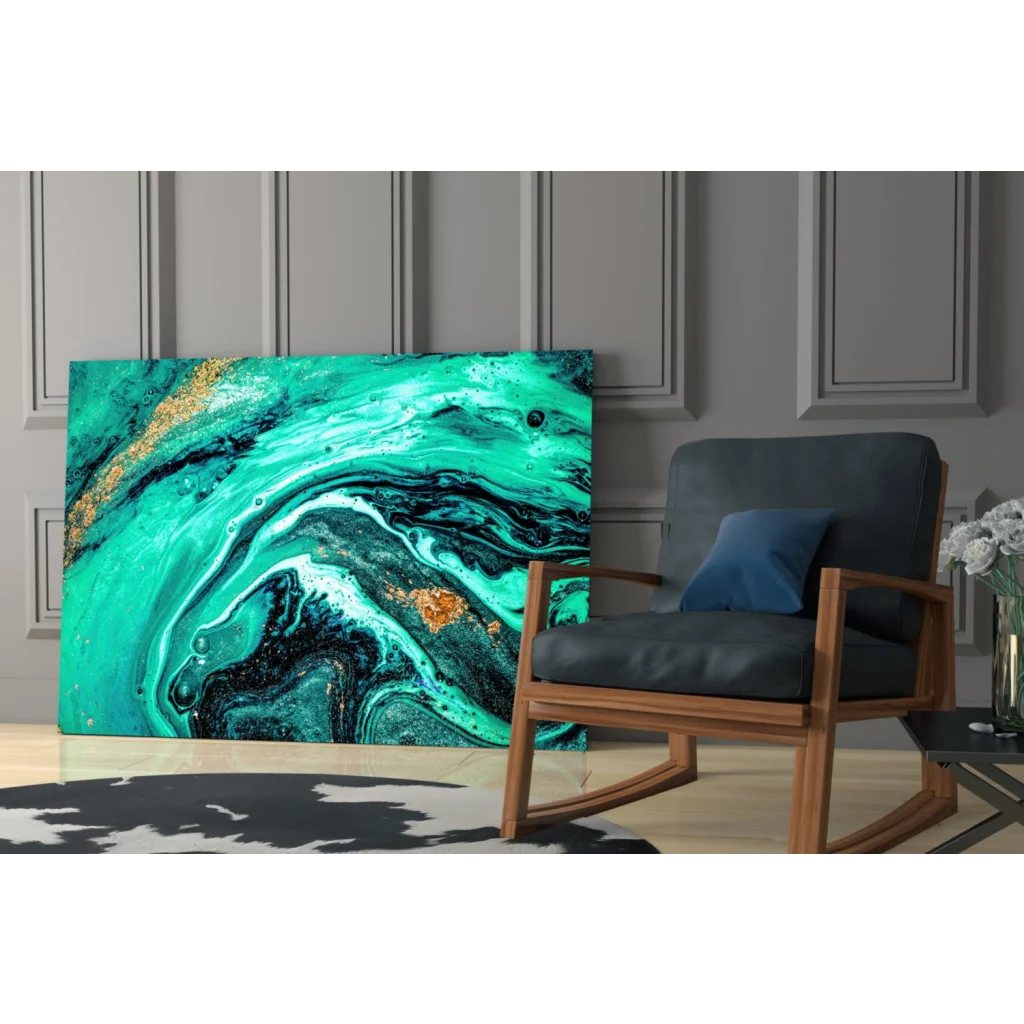 Vibrant teal and gold glass wall art with swirling marbled patterns