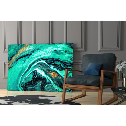 Vibrant teal and gold glass wall art with swirling marbled patterns