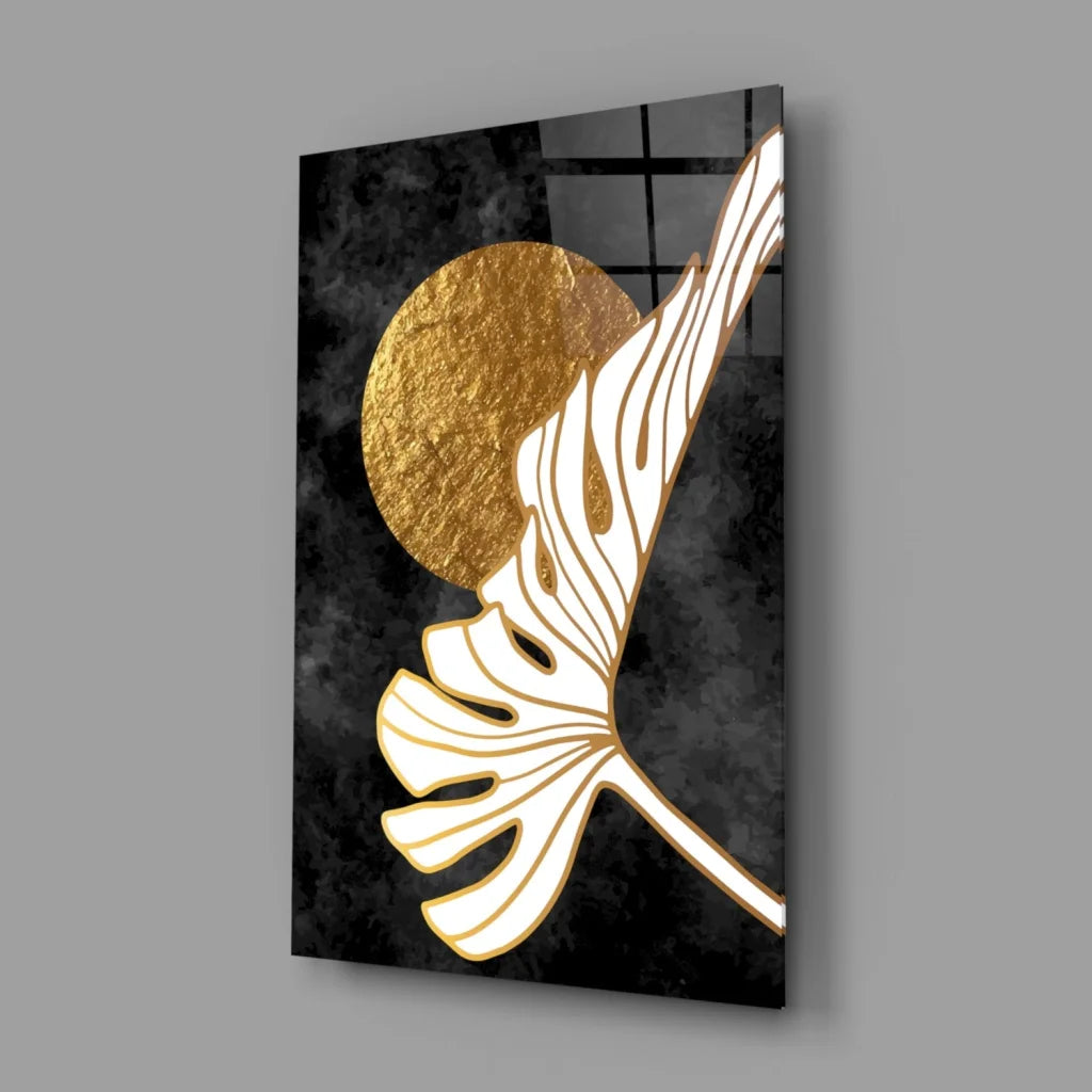 Golden Monstera Leaf Wall Art with Black Marble Texture | Glass Wall Art Print | vintageantiquesgifts.com