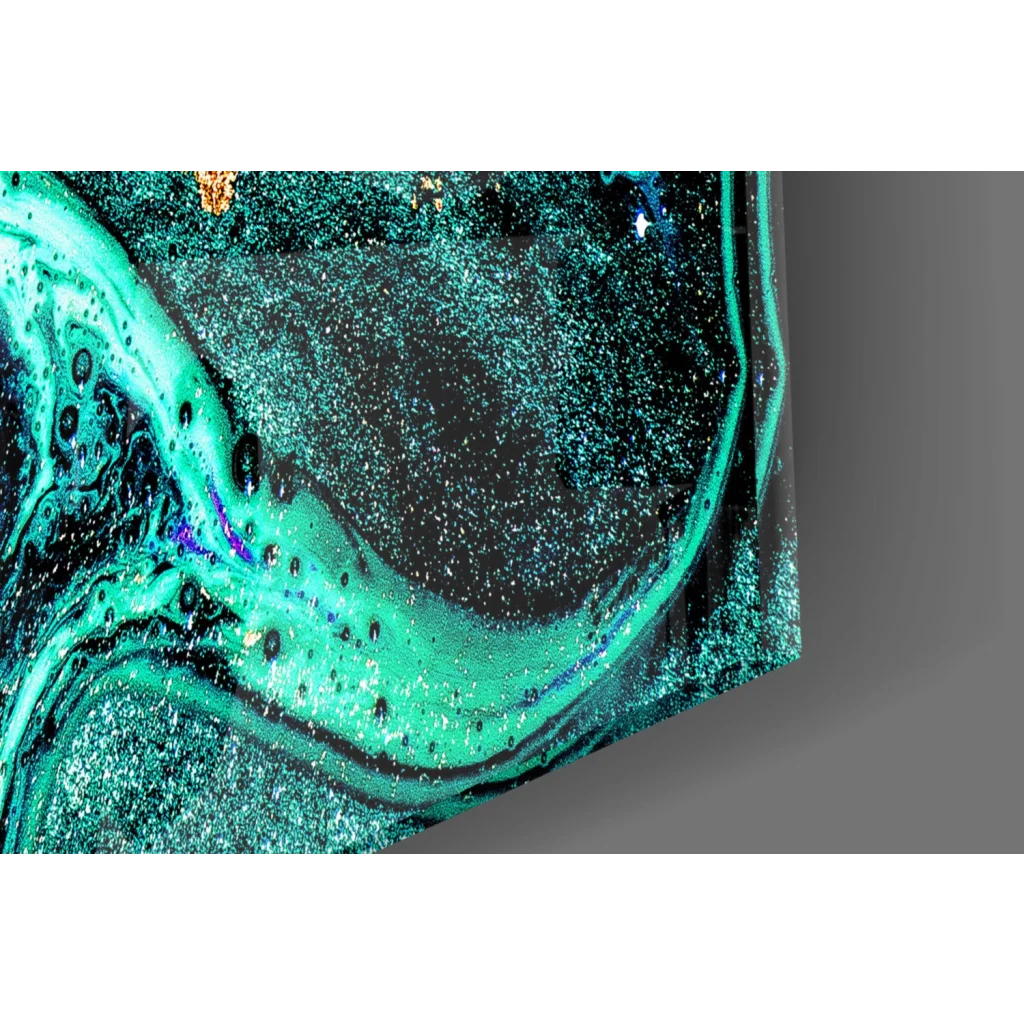 Vibrant teal and black abstract glass wall art with metallic accents