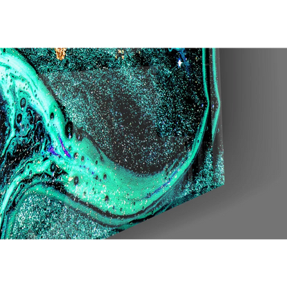 Vibrant teal and black abstract glass wall art with metallic accents