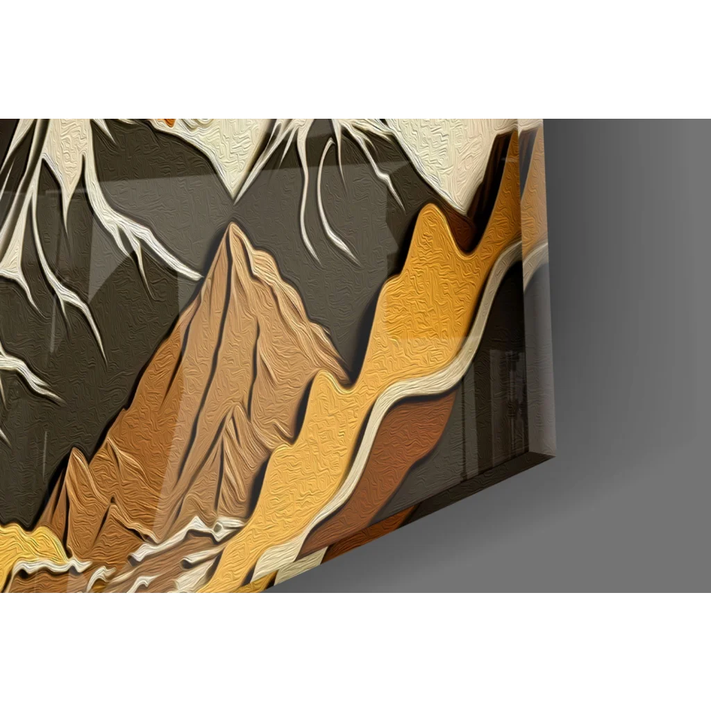 Layered tree glass wall art with textured amber mountain peaks and birds