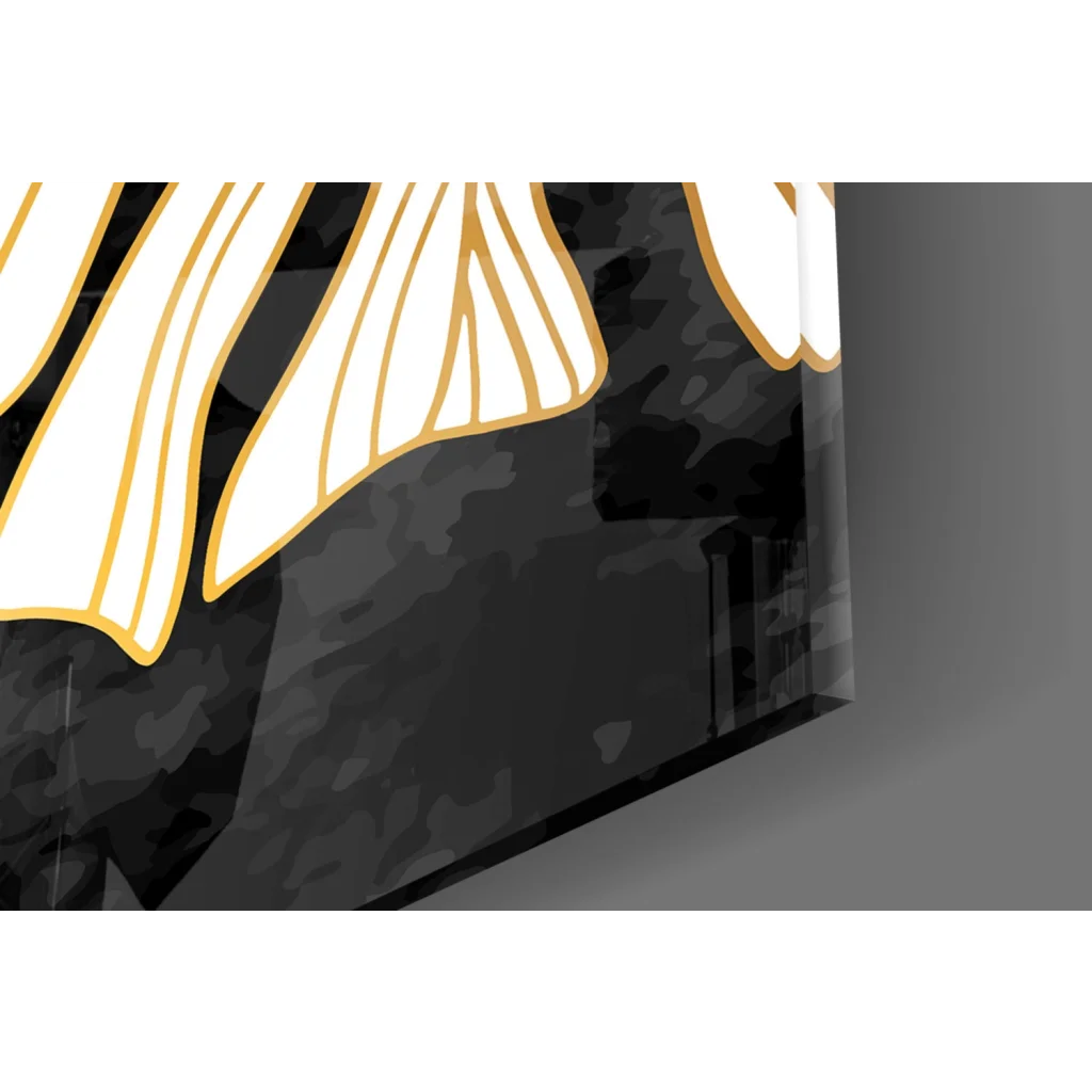 Black and gold abstract wall art with white wing shapes and textured monstera leaf