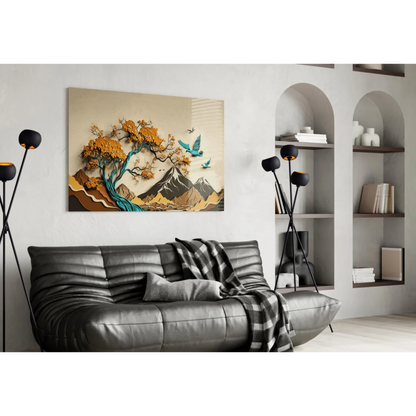 Beige layered glass wall art of tree with orange leaves, turquoise birds, mountains