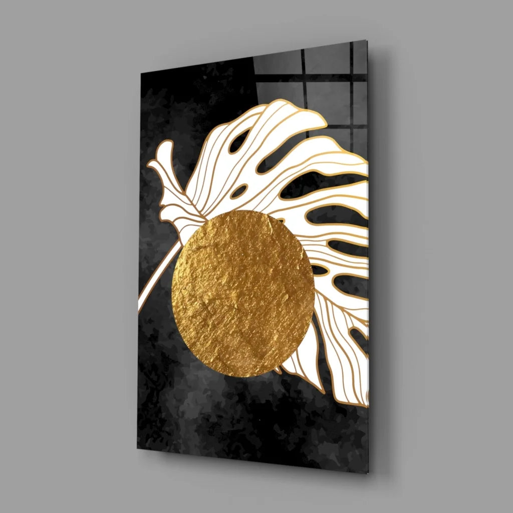 Golden Monstera Leaf Glass Wall Art with Textured Circle Accent | Glass Wall Art Print | vintageantiquesgifts.com