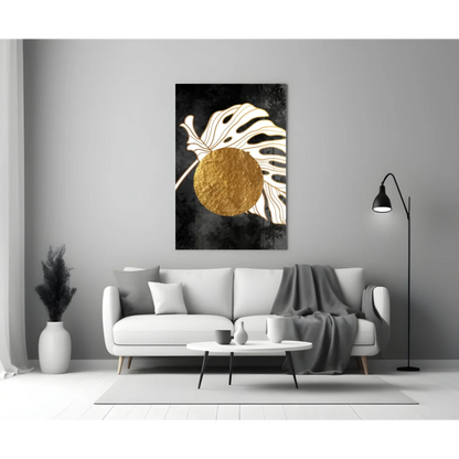 Golden Monstera Leaf Glass Wall Art with Textured Circle Accent | Modern Wall Art Decor | vintageantiquesgifts.com