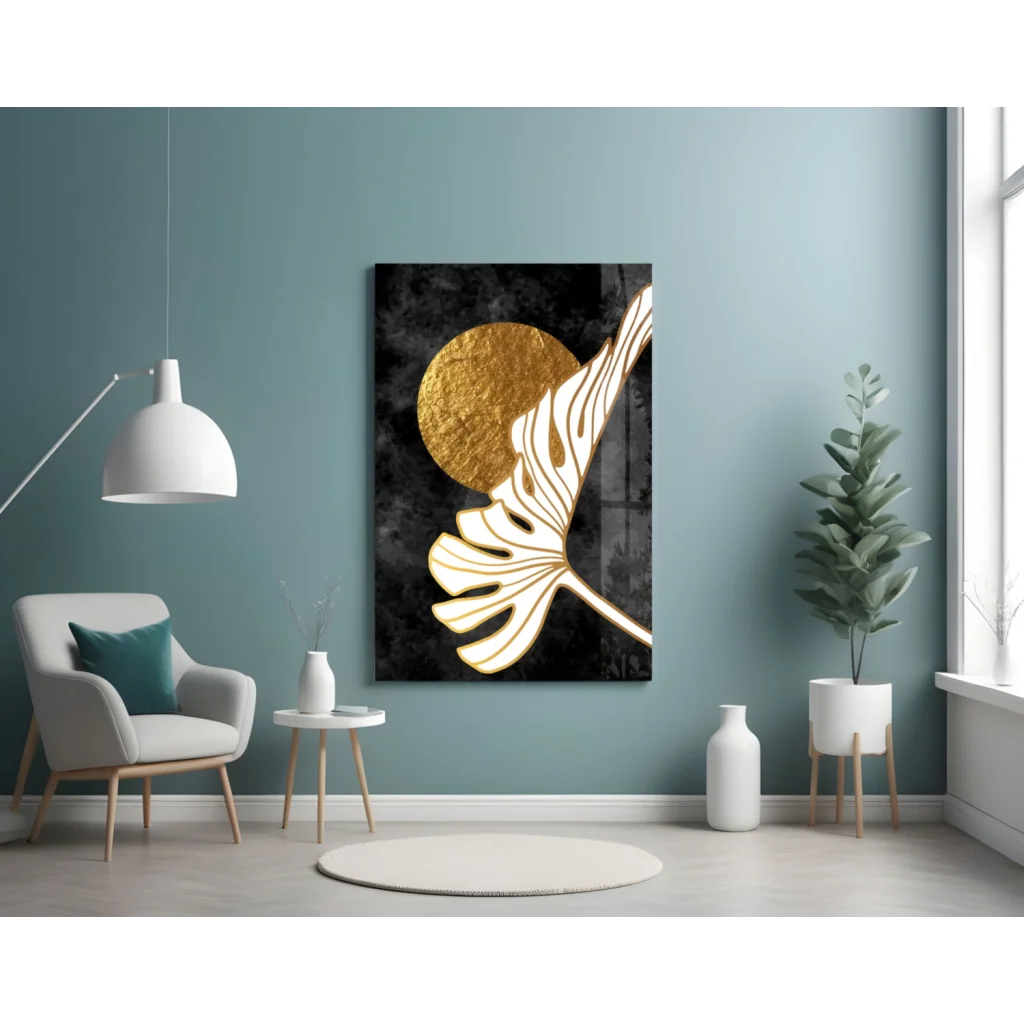 Golden Monstera Leaf Wall Art with Black Marble Texture | Contemporary Home Wall Art | vintageantiquesgifts.com
