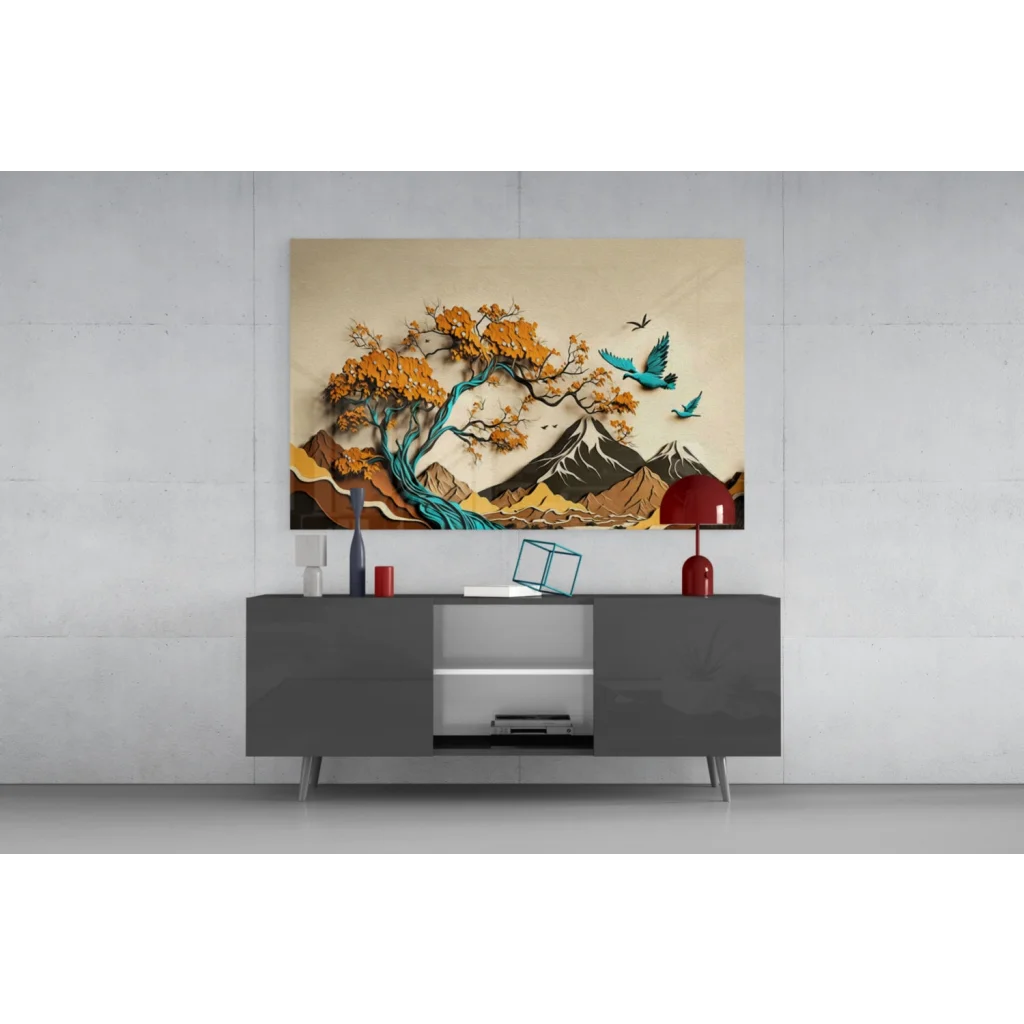 Vibrant layered glass wall art of stylized tree with orange leaves, turquoise branches, beige mountains, teal birds
