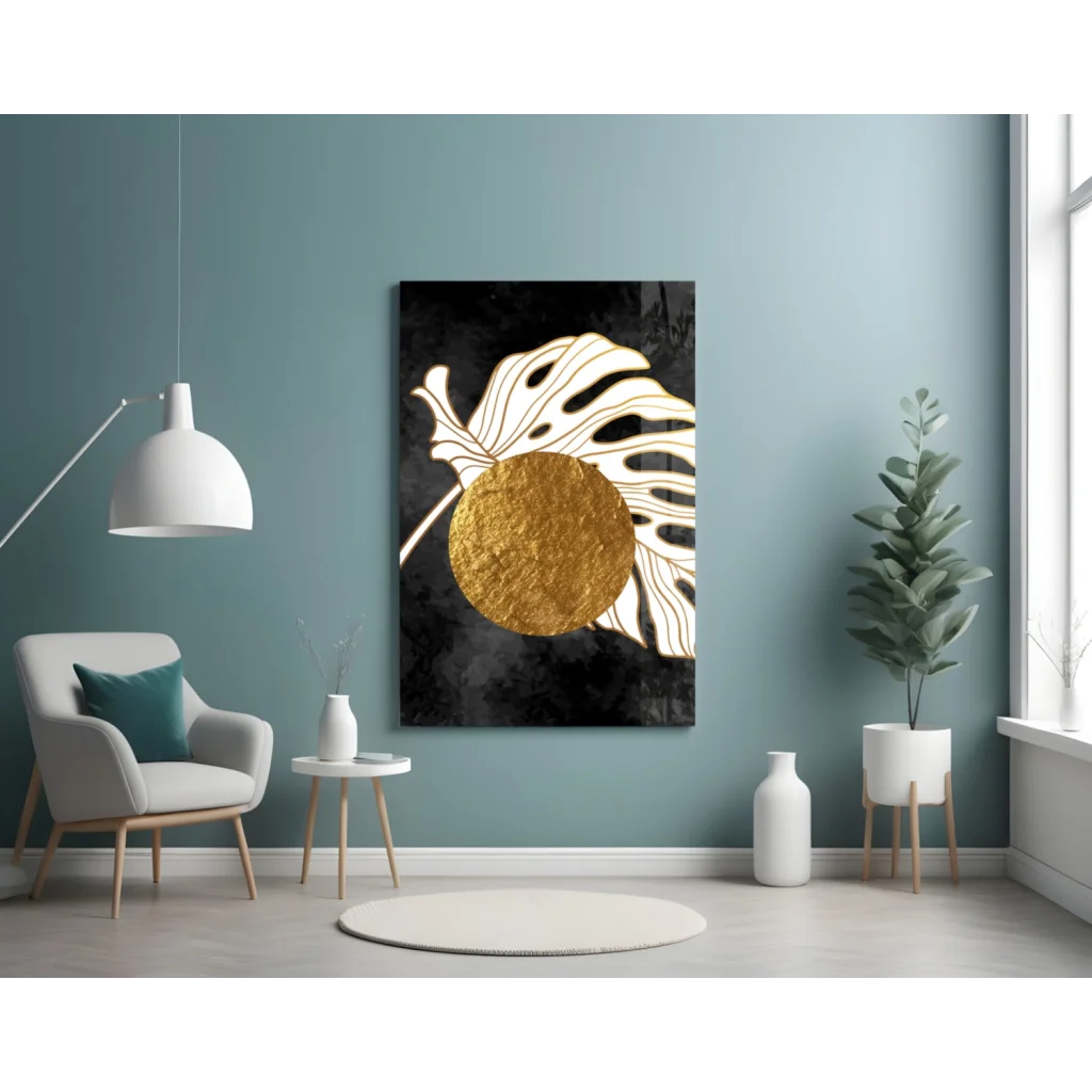 Golden Monstera Leaf Glass Wall Art with Textured Circle Accent | Contemporary Home Wall Art | vintageantiquesgifts.com