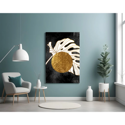 Golden Monstera Leaf Glass Wall Art with Textured Circle Accent | Contemporary Home Wall Art | vintageantiquesgifts.com