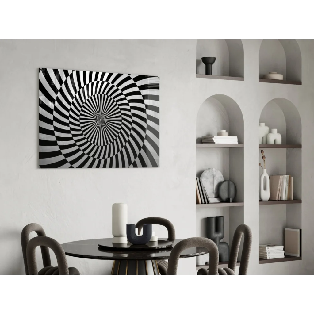 Black and white spiral abstract glass wall art mounted on wall