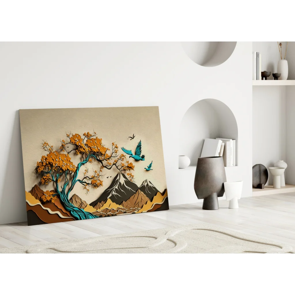 Layered glass wall art of tree with orange leaves, turquoise branches, brown mountains, teal birds