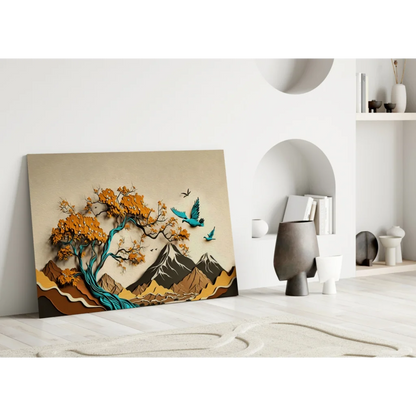 Layered glass wall art of tree with orange leaves, turquoise branches, brown mountains, teal birds