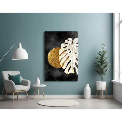 Golden Monstera Leaf Canvas Wall Art with Textured Circle | Contemporary Home Wall Art | vintageantiquesgifts.com