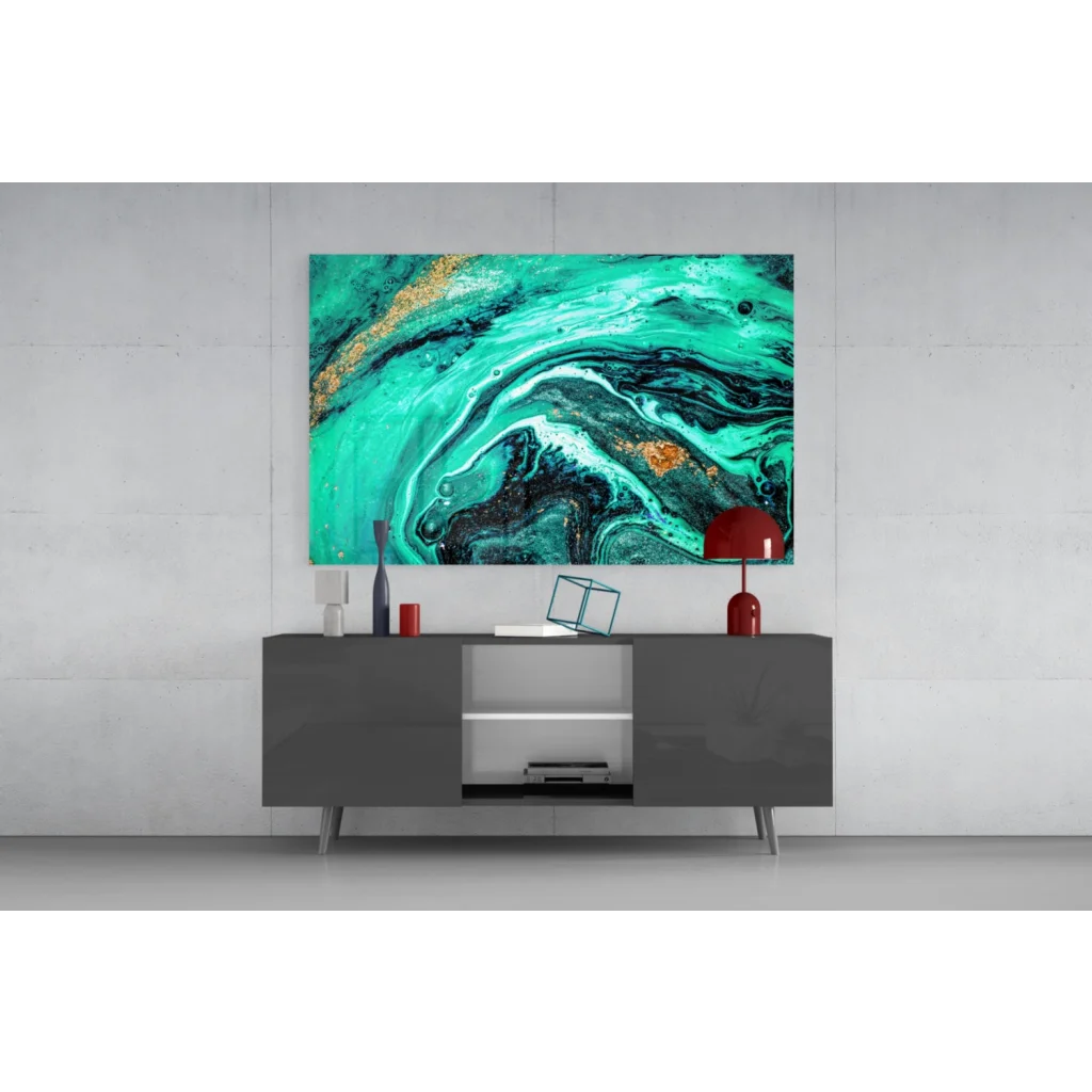 Vibrant teal and gold abstract glass wall art print with swirling patterns