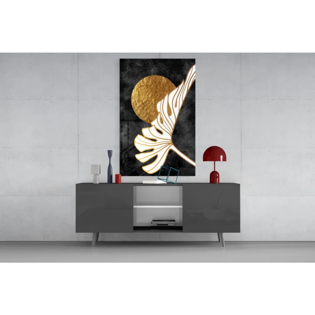 Golden monstera leaf wall art with black marble texture