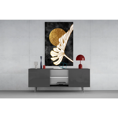 Golden monstera leaf wall art with black marble texture