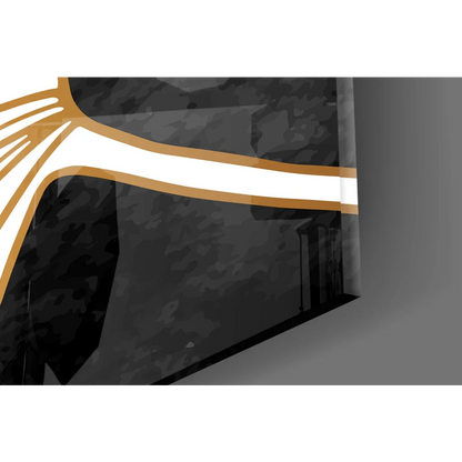 Sleek black and gold Golden Monstera Leaf glass wall art with white stripe