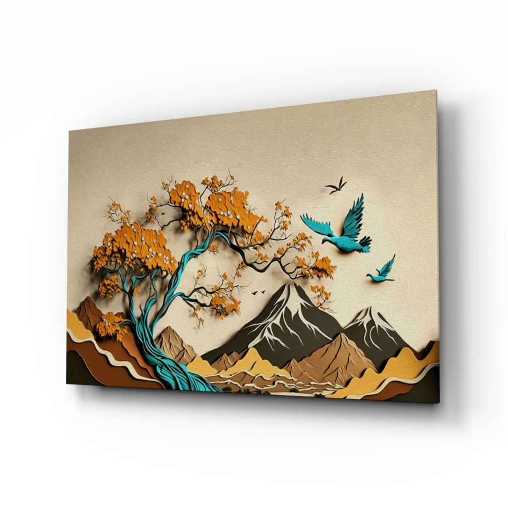 Layered glass wall art of tree with orange leaves, turquoise branches, mountains, birds
