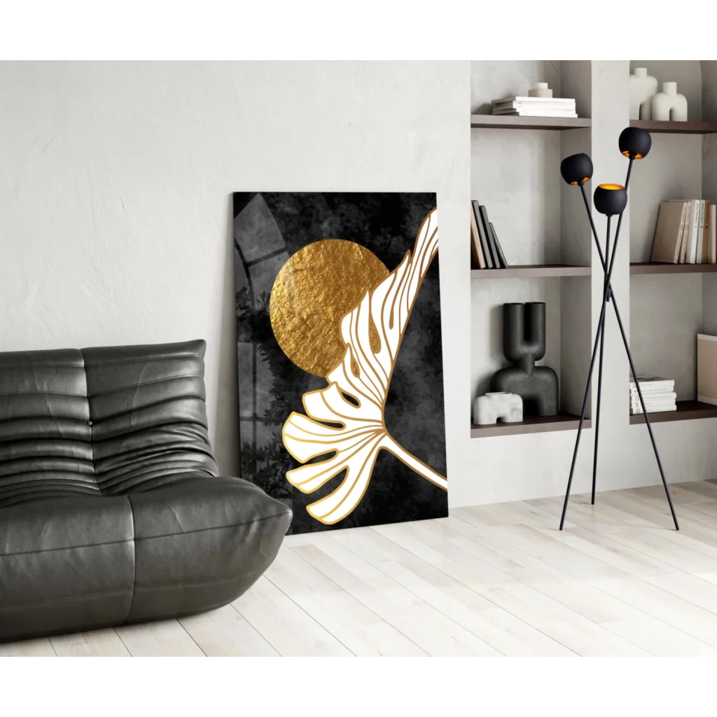 Golden monstera leaf wall art with black marble texture
