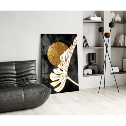 Golden monstera leaf wall art with black marble texture
