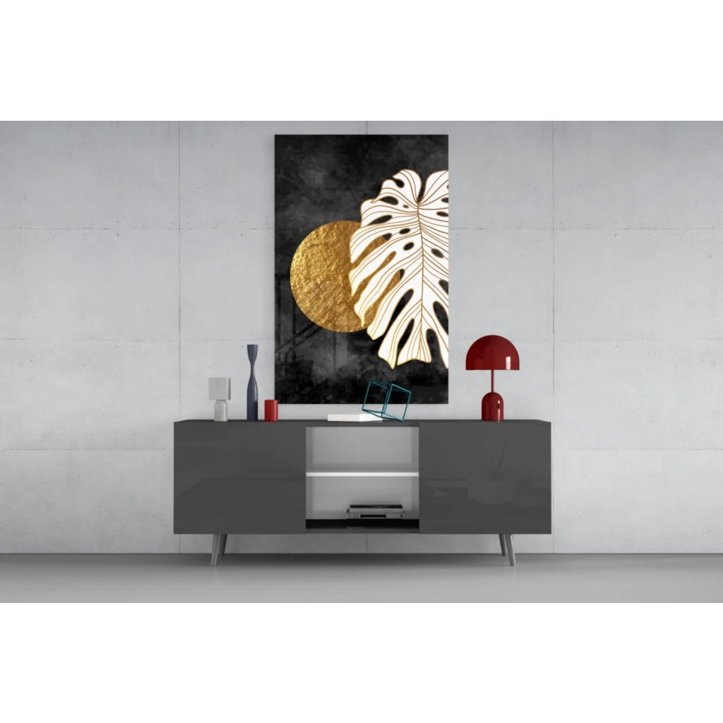 Black and gold monstera leaf wall art with textured circle