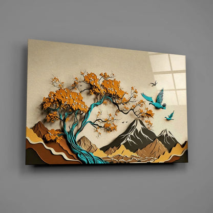 Vibrant layered glass wall art of orange tree with turquoise branches, mountains, teal birds