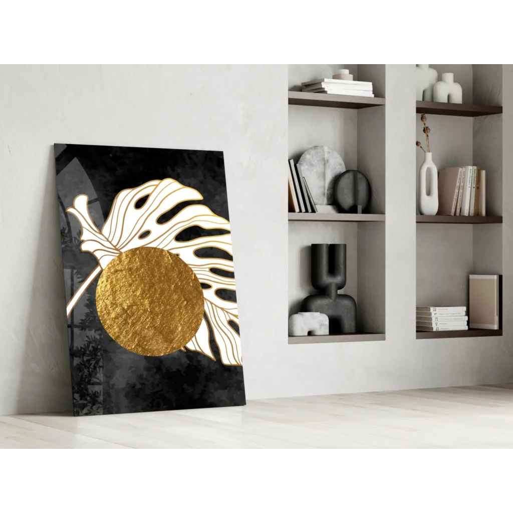 Golden Monstera Leaf Glass Wall Art with textured black and gold circle