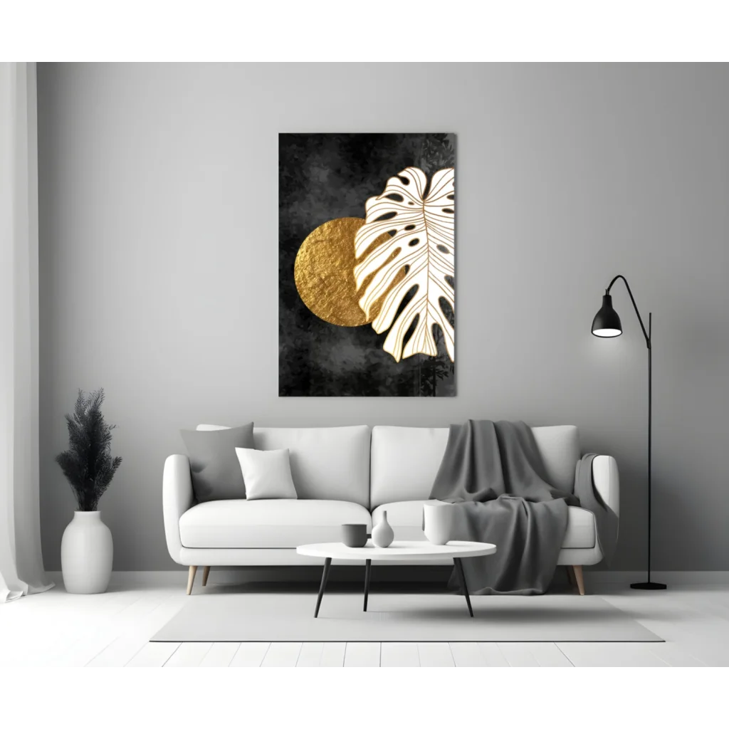 Golden Monstera Leaf Canvas Wall Art with Textured Circle | Modern Wall Art Decor | vintageantiquesgifts.com