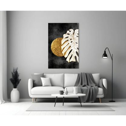 Golden Monstera Leaf Canvas Wall Art with Textured Circle | Modern Wall Art Decor | vintageantiquesgifts.com